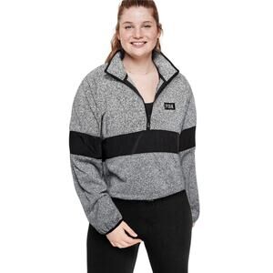 PINK Victoria's Secret Crop Sweater Size Small Gray Knit Half Zip Drawstring